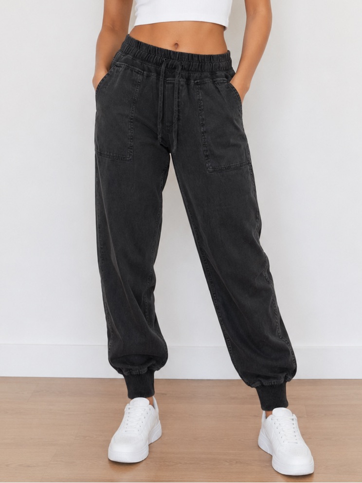 James Perse Mixed Media Pants In A Washed Black Or Carbon Pigment